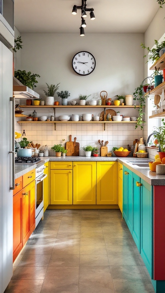A vibrant L-shaped kitchen with orange, yellow, and teal cabinets, showcasing a lively and colorful design.