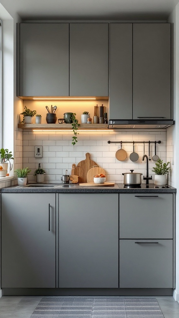 A compact L-shaped modular kitchen with modern gray cabinetry and plants.