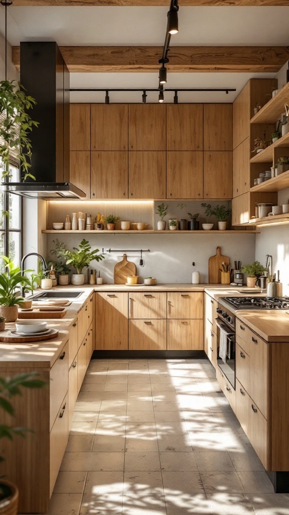 L-shaped modular kitchen featuring wooden cabinets and plants.