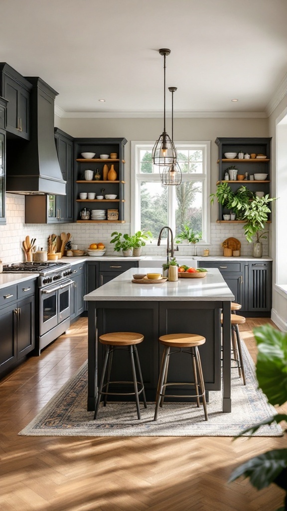 A modern L-shaped kitchen featuring a large island with seating, dark cabinetry, and ample natural light.