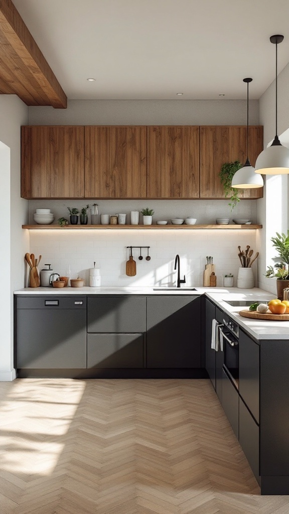 A modern L-shaped kitchen with wooden cabinets and a clean countertop.