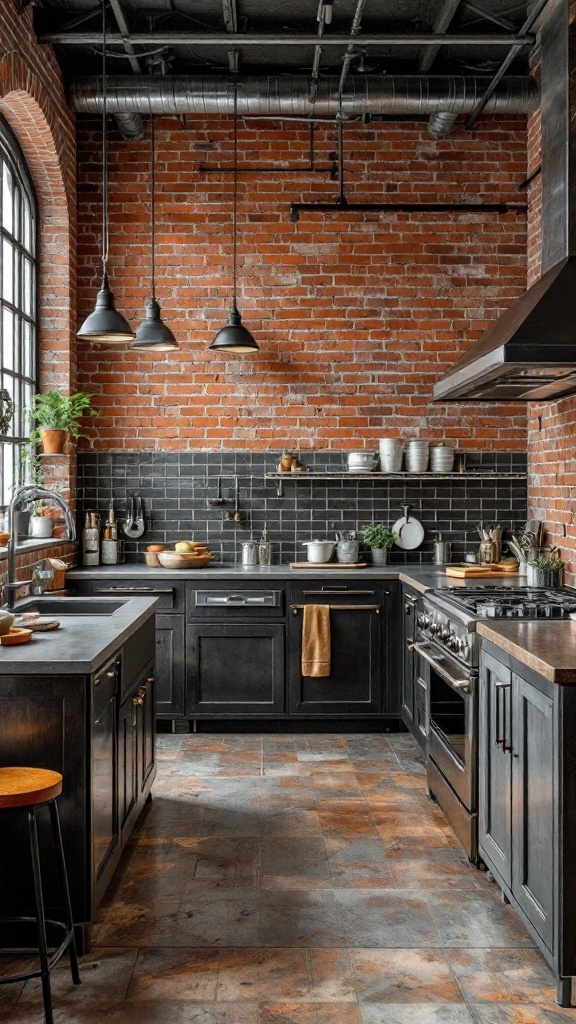 An industrial-style kitchen featuring exposed brick walls, metal accents, and dark cabinetry.