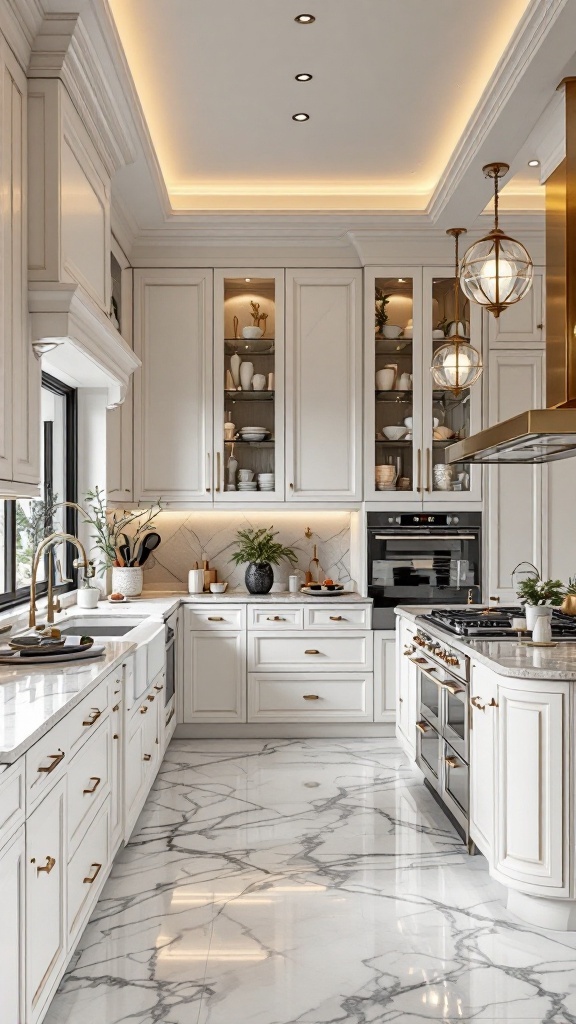 Luxury L-shaped modular kitchen with marble countertops and sleek cabinetry