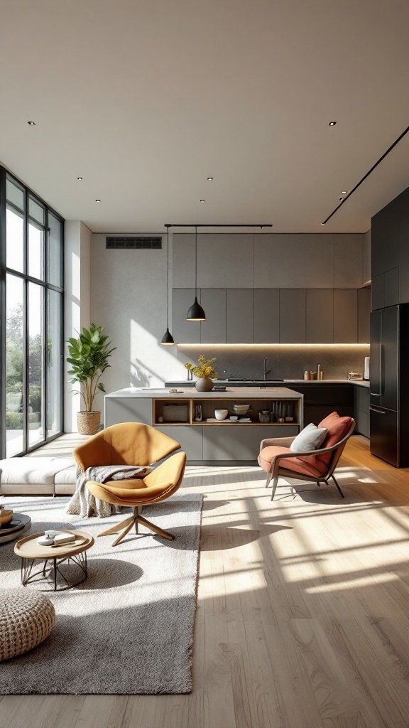 Open concept L-shaped modern kitchen with seating area and large windows.