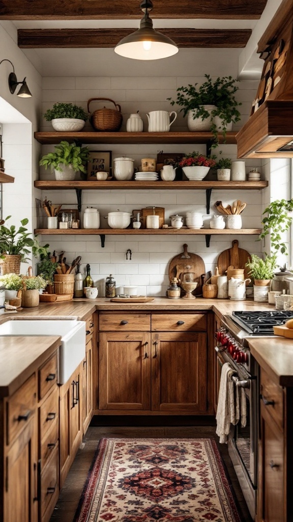 A cozy rustic kitchen with wooden cabinets, open shelves filled with pottery, and green plants.