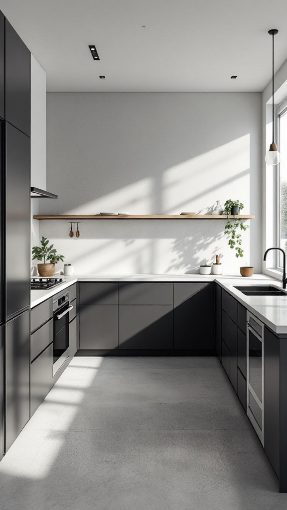 Sleek modern L-shaped kitchen with dark cabinets and white countertops.